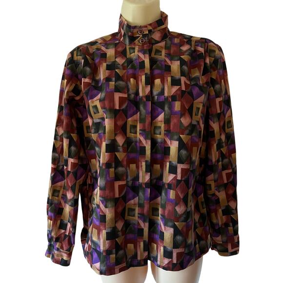 Vintage Handmade Blouse 1990’s Jeweltone Geometric Print Woman's Size 10 - Picture 1 of 9